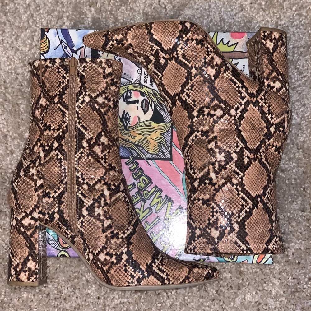 Jeffrey Campbell snake print booties